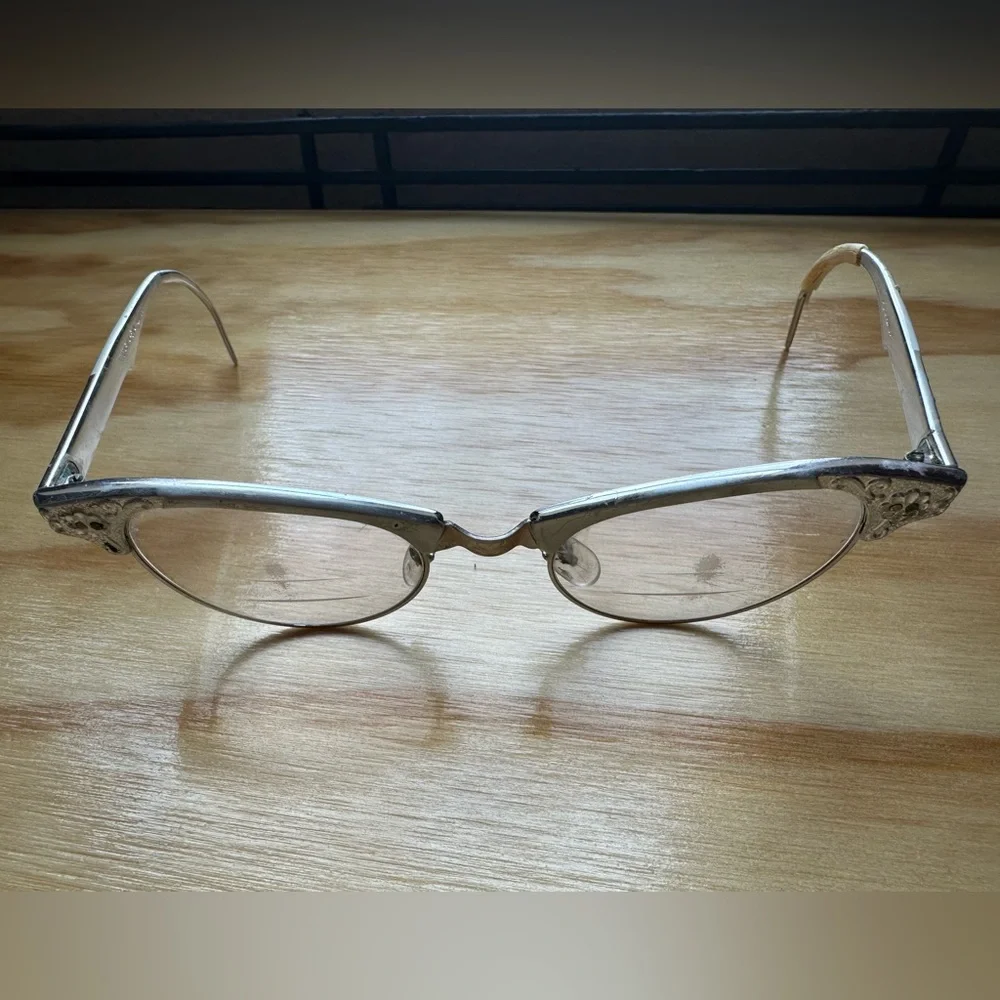 Vintage 1940s Artcraft Cat Eye Glasses Floral Engraved Retro Frames